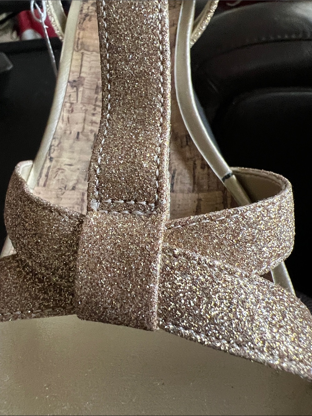 Glitter T-Strap Wedge Sandals in Rose Gold